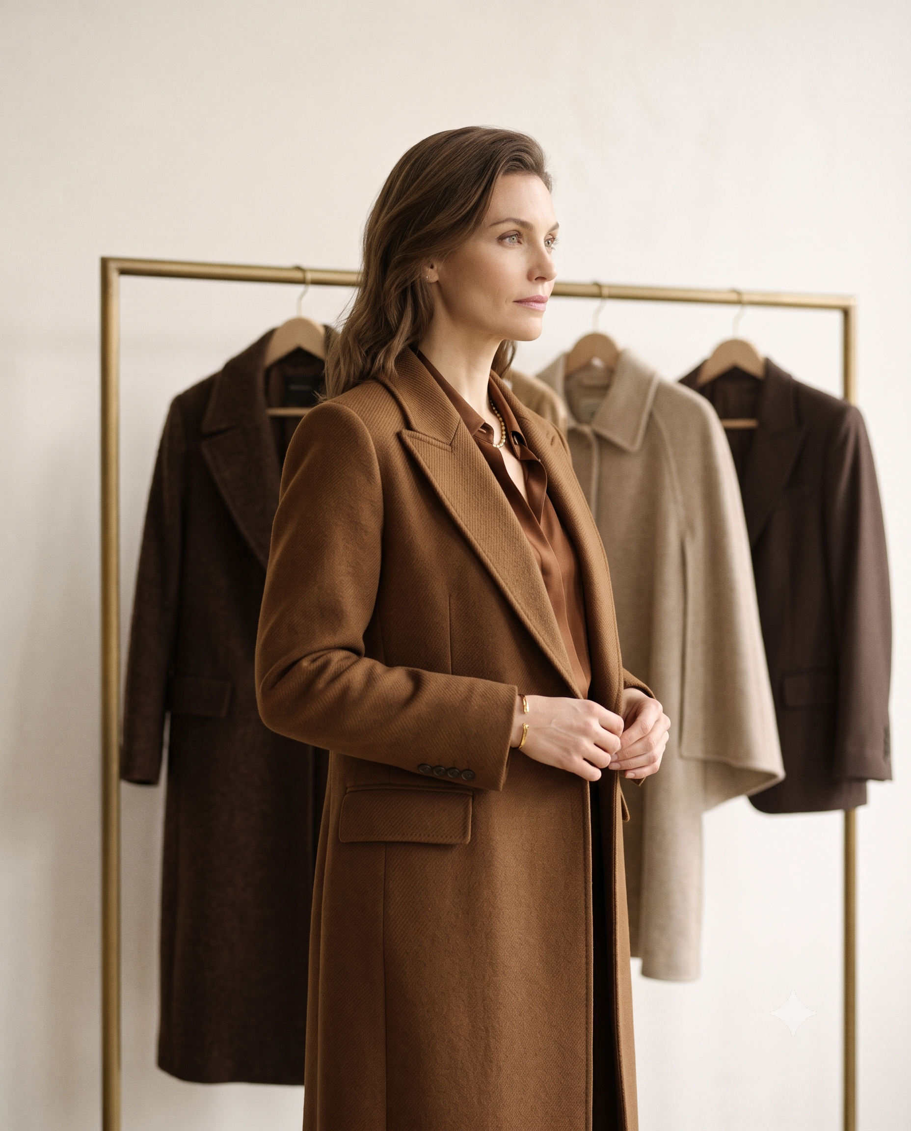 A model wearing the Éclat Noir black tailored coat beside a rail of the collection