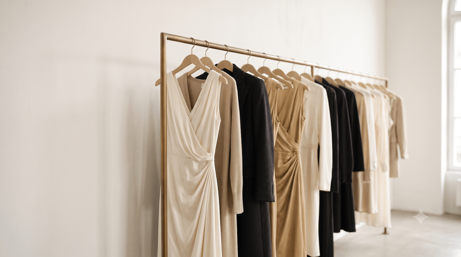 A curated rack of luxury women's garments in a sunlit atelier
